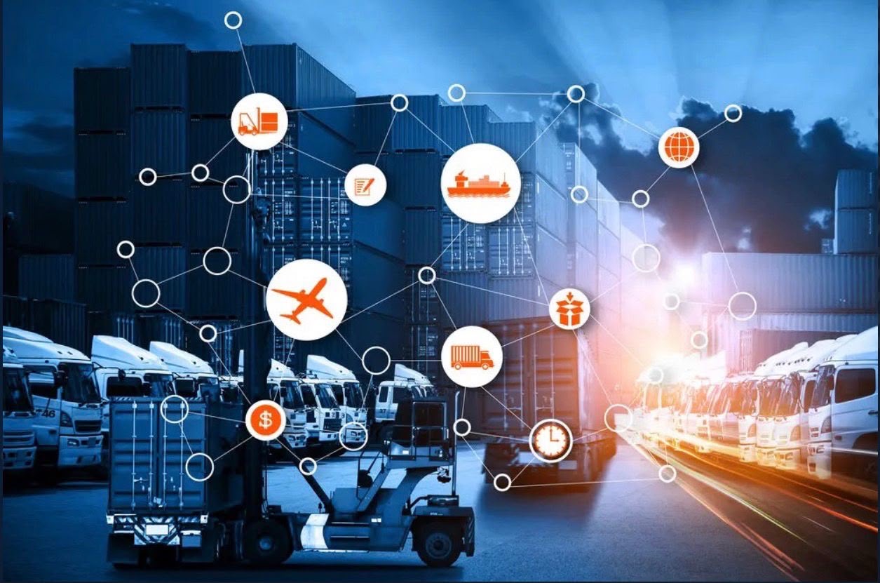 Global logistics network connecting trucks, ships and cargo planes