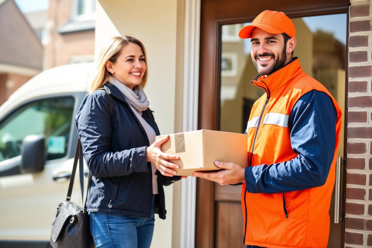 SwiftTrack courier handing a parcel to a customer at their door